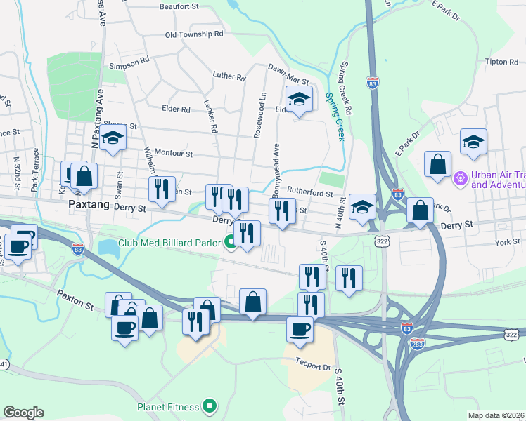 map of restaurants, bars, coffee shops, grocery stores, and more near 3841 Brisban Street in Harrisburg