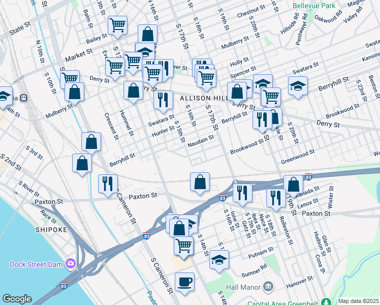 map of restaurants, bars, coffee shops, grocery stores, and more near 1519 Catherine Street in Harrisburg