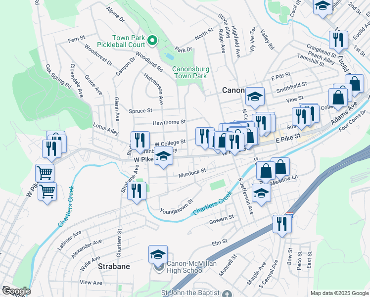 map of restaurants, bars, coffee shops, grocery stores, and more near 228 West Pike Street in Canonsburg