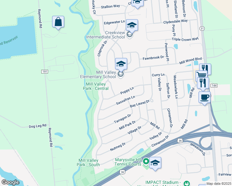 map of restaurants, bars, coffee shops, grocery stores, and more near 1702 Caraway Lane in Marysville