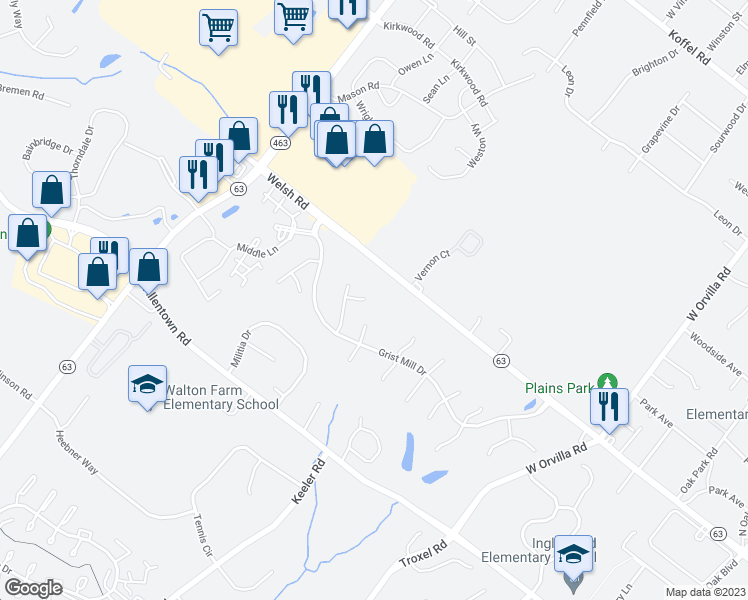 map of restaurants, bars, coffee shops, grocery stores, and more near 543 Candlemaker Way in Lansdale