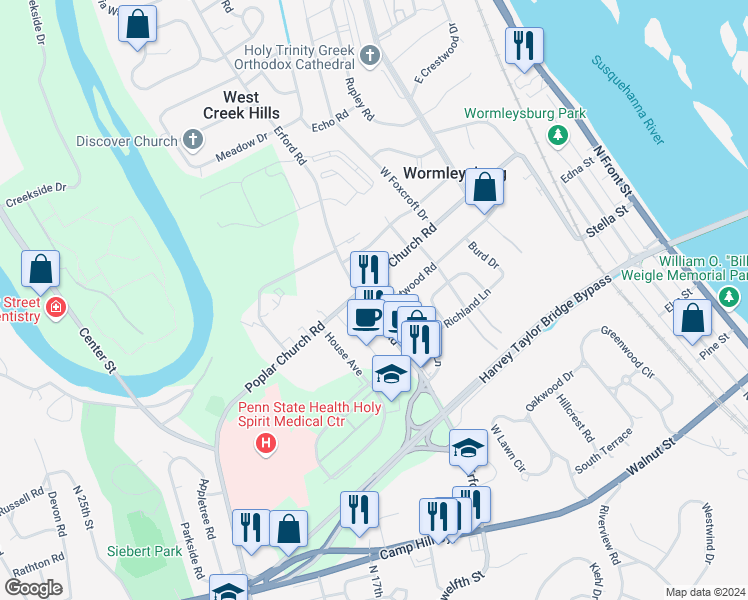 map of restaurants, bars, coffee shops, grocery stores, and more near 52 Erford Road in Camp Hill