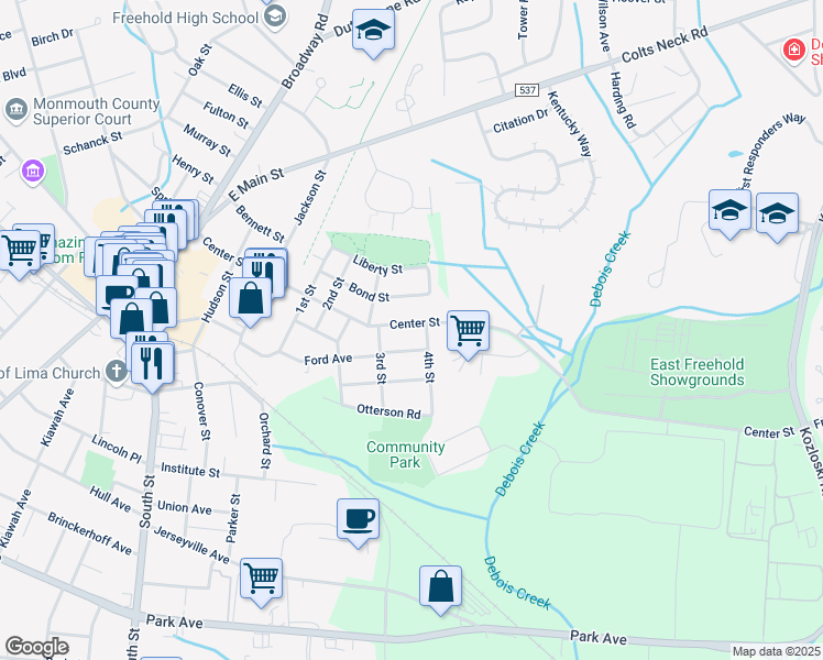 map of restaurants, bars, coffee shops, grocery stores, and more near 120 Center Street in Freehold