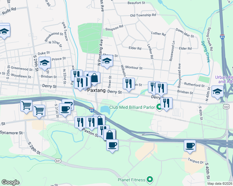 map of restaurants, bars, coffee shops, grocery stores, and more near 3647 Derry Street in Harrisburg