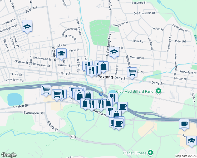map of restaurants, bars, coffee shops, grocery stores, and more near 3423 Derry Street in Harrisburg