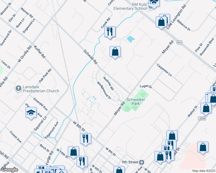 map of restaurants, bars, coffee shops, grocery stores, and more near 892 Andover Road in Lansdale