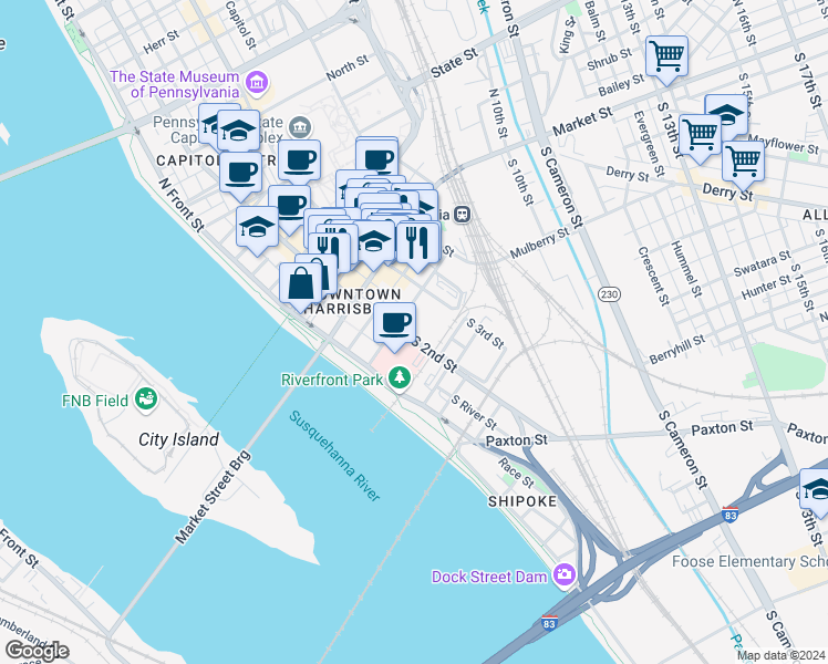 map of restaurants, bars, coffee shops, grocery stores, and more near 111 South 2nd Street in Harrisburg