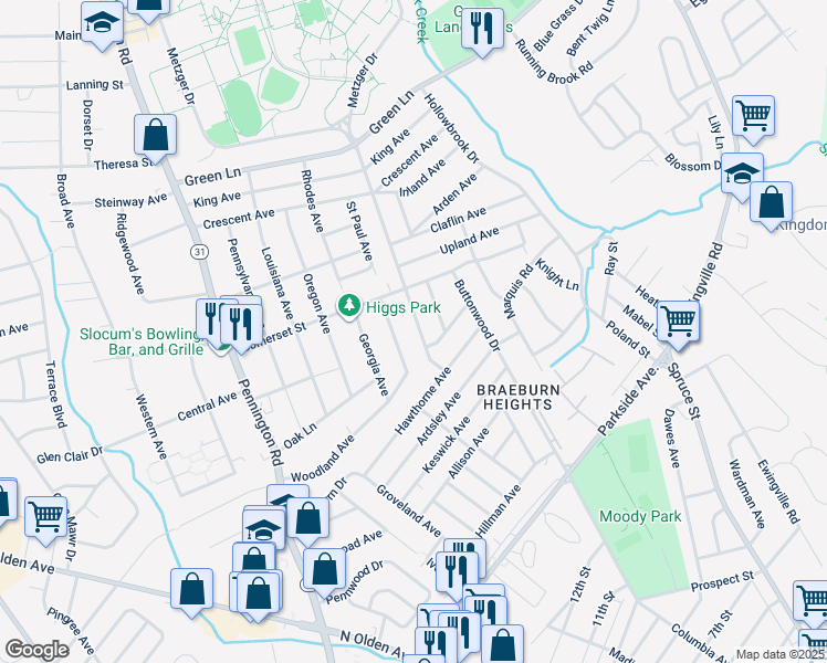 map of restaurants, bars, coffee shops, grocery stores, and more near 45 Browning Avenue in Ewing Township
