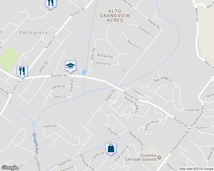 map of restaurants, bars, coffee shops, grocery stores, and more near 1610 Buchert Road in Pottstown