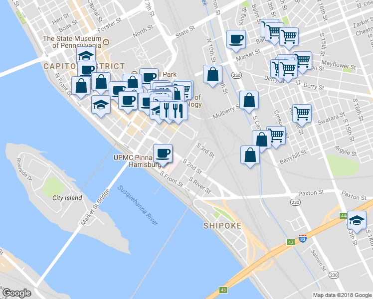 map of restaurants, bars, coffee shops, grocery stores, and more near 150 South 3rd Street in Harrisburg