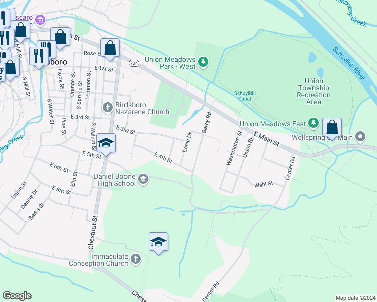 map of restaurants, bars, coffee shops, grocery stores, and more near 322 Garey Road in Birdsboro