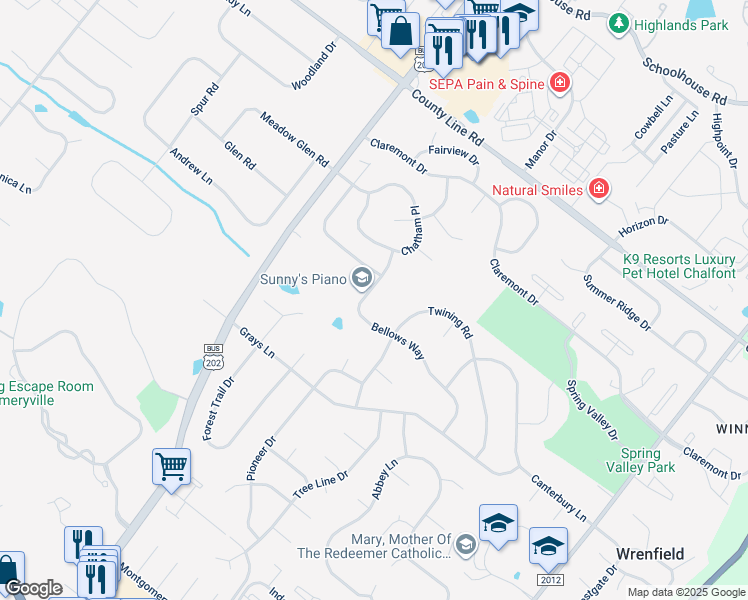 map of restaurants, bars, coffee shops, grocery stores, and more near 117 Bellows Way in Lansdale