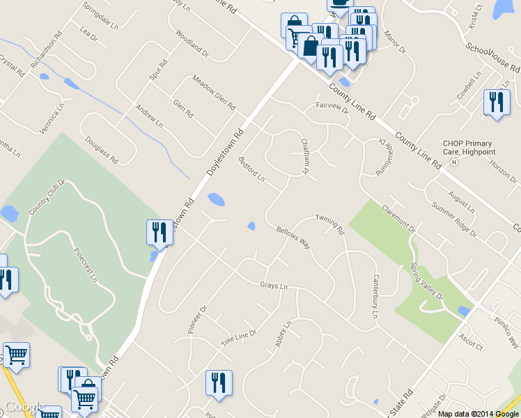 map of restaurants, bars, coffee shops, grocery stores, and more near 120 Bellows Way in Lansdale