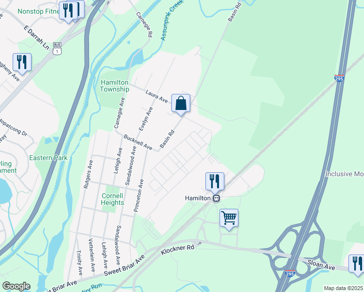 map of restaurants, bars, coffee shops, grocery stores, and more near 32 Adirondack Boulevard in Trenton
