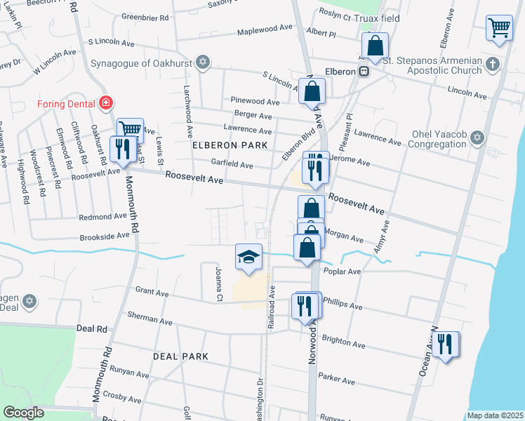 map of restaurants, bars, coffee shops, grocery stores, and more near 342 Elberon Boulevard in Monmouth County