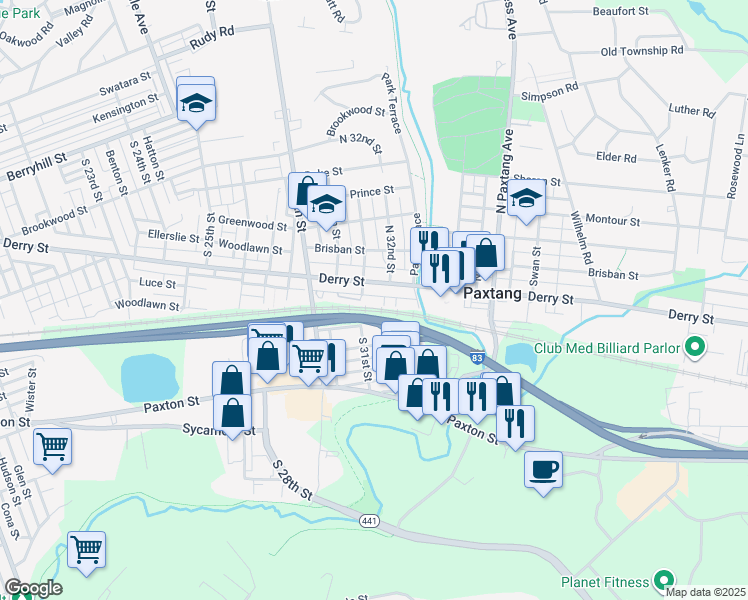 map of restaurants, bars, coffee shops, grocery stores, and more near 3108 Pike Street in Paxtang