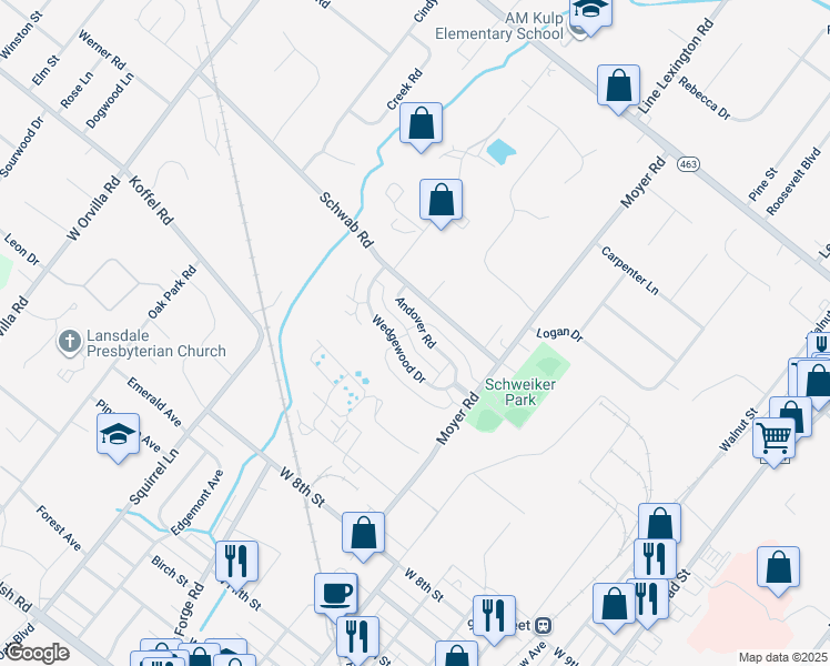 map of restaurants, bars, coffee shops, grocery stores, and more near 892 Andover Road in Lansdale