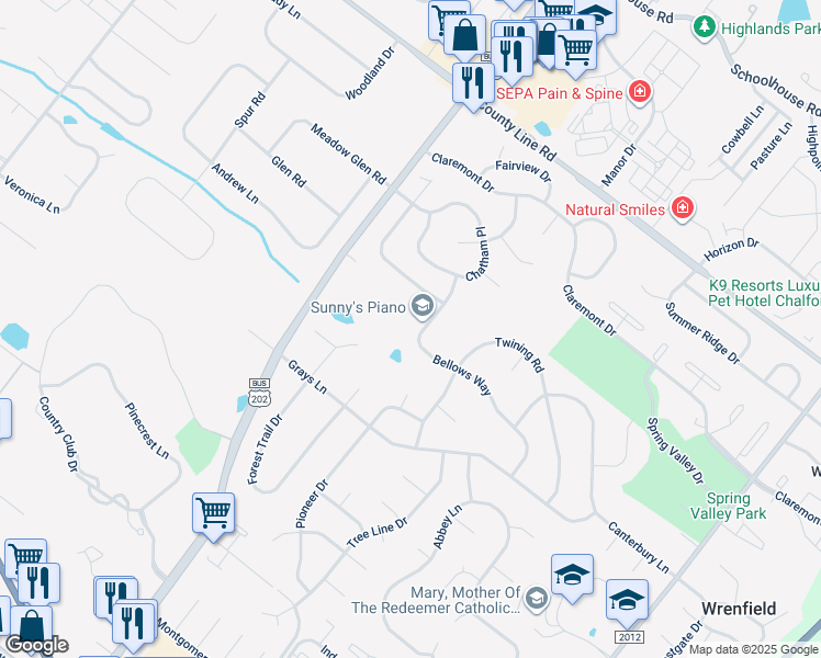map of restaurants, bars, coffee shops, grocery stores, and more near 120 Bellows Way in Lansdale