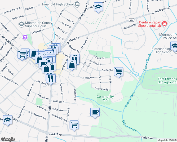 map of restaurants, bars, coffee shops, grocery stores, and more near 17 Factory Street in Freehold