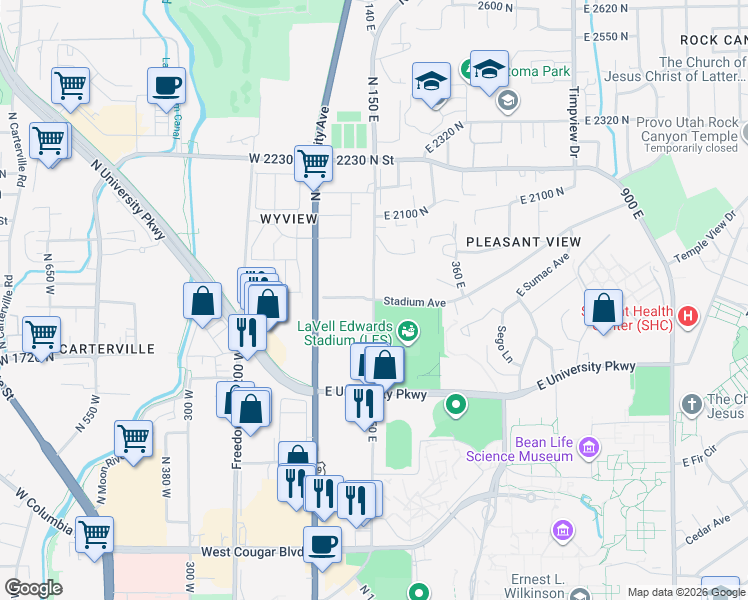 map of restaurants, bars, coffee shops, grocery stores, and more near 150 Stadium Avenue in Provo