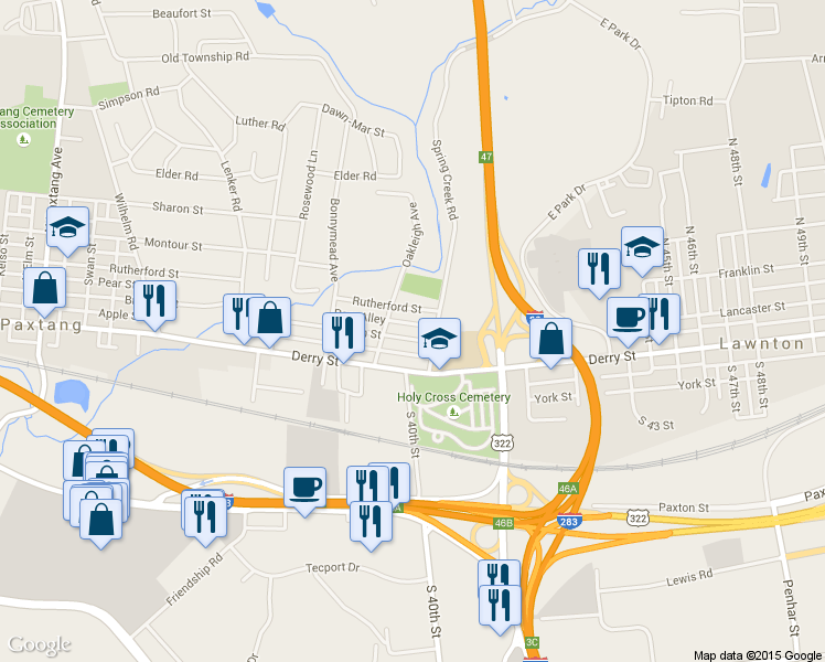 map of restaurants, bars, coffee shops, grocery stores, and more near 3922 Brisban Street in Harrisburg