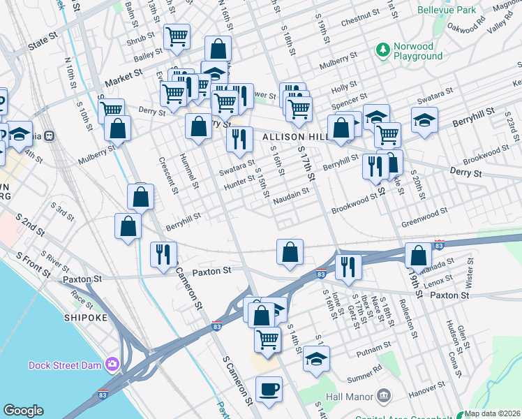 map of restaurants, bars, coffee shops, grocery stores, and more near 38 Argyle Street in Harrisburg