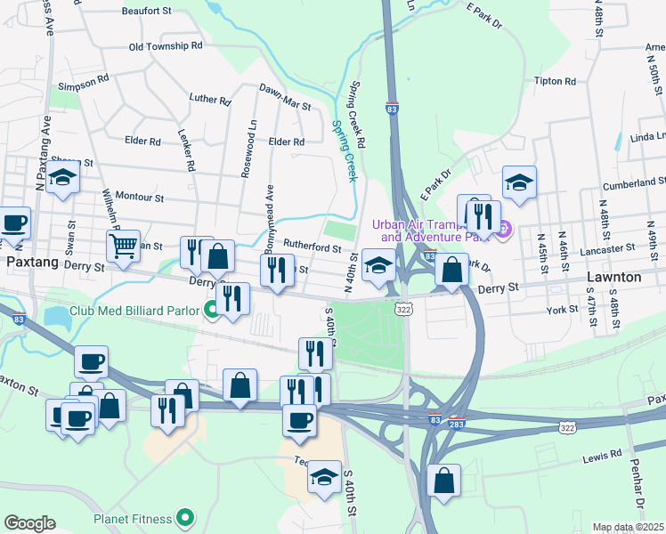 map of restaurants, bars, coffee shops, grocery stores, and more near 3922 Brisban Street in Harrisburg