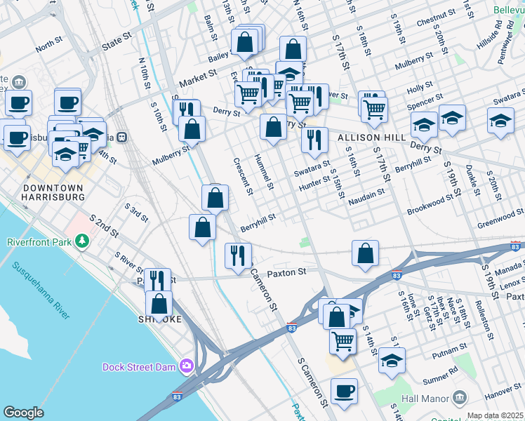 map of restaurants, bars, coffee shops, grocery stores, and more near 451 Crescent Street in Harrisburg