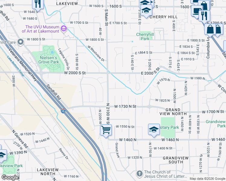 map of restaurants, bars, coffee shops, grocery stores, and more near 1854 North 2100 West Street in Provo