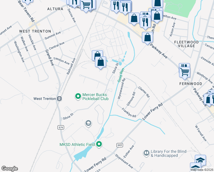 map of restaurants, bars, coffee shops, grocery stores, and more near 809 Silvia Street in Trenton