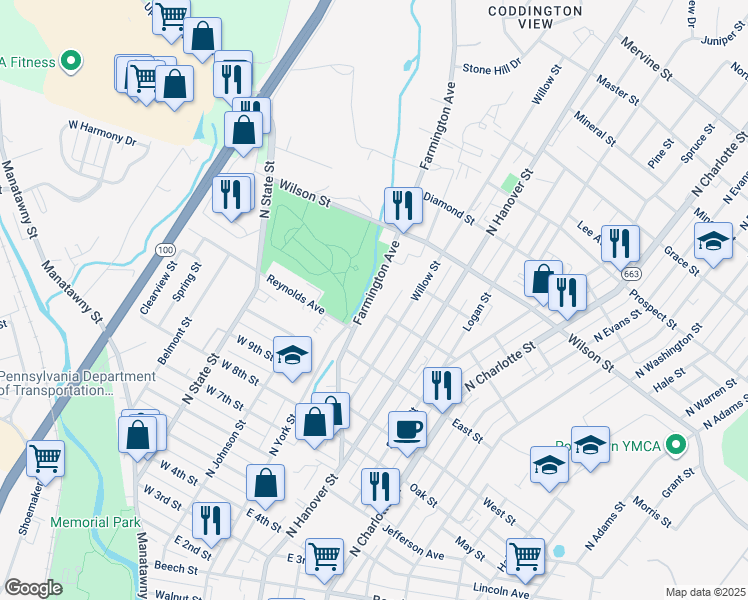 map of restaurants, bars, coffee shops, grocery stores, and more near 701 Farmington Avenue in Pottstown