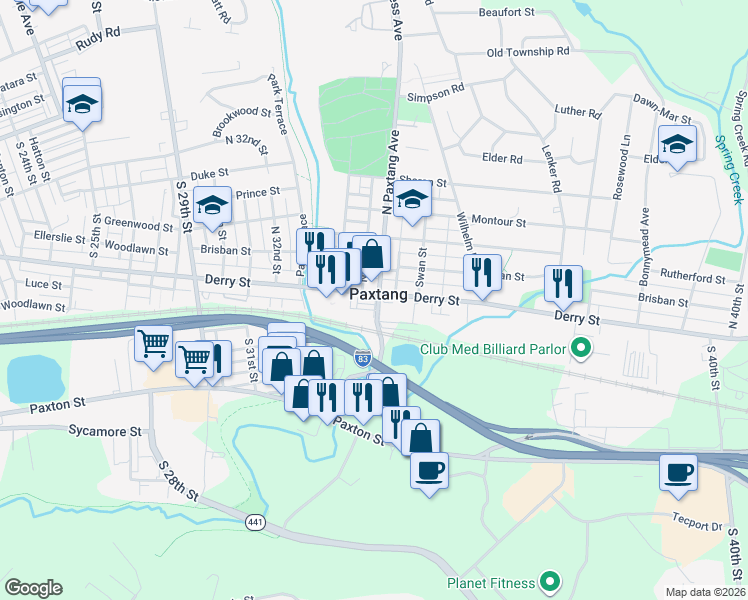map of restaurants, bars, coffee shops, grocery stores, and more near in Paxtang
