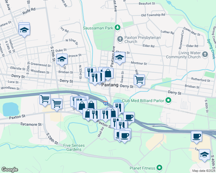 map of restaurants, bars, coffee shops, grocery stores, and more near in Paxtang