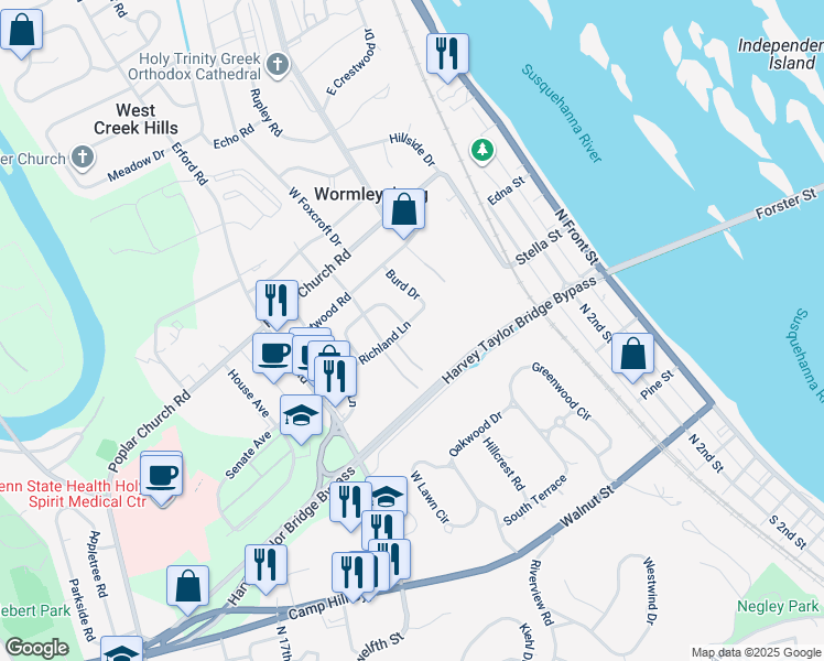 map of restaurants, bars, coffee shops, grocery stores, and more near 2 Richland Lane in Camp Hill