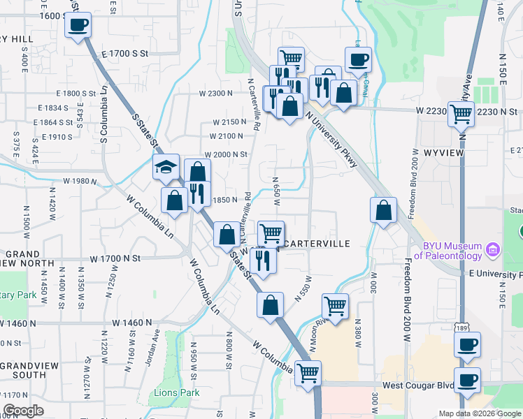 map of restaurants, bars, coffee shops, grocery stores, and more near 696 700 South Street in Provo