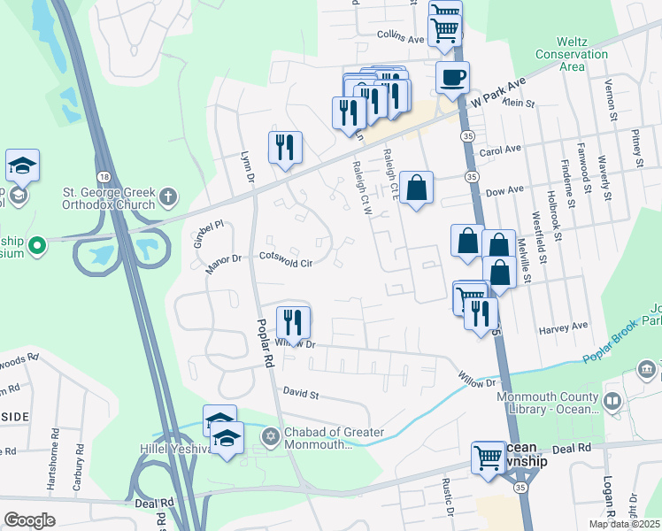 map of restaurants, bars, coffee shops, grocery stores, and more near 44 Cotswold Circle in Ocean Township