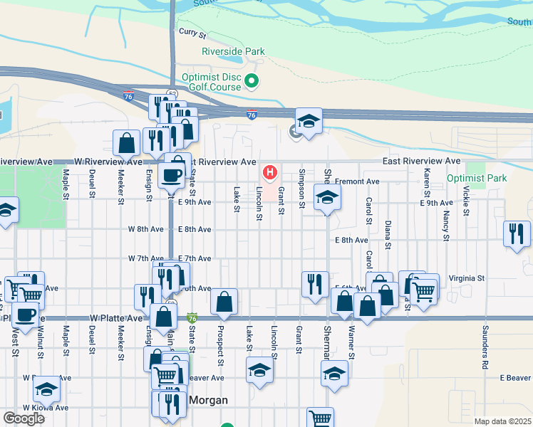 map of restaurants, bars, coffee shops, grocery stores, and more near 912 Lincoln Street in Fort Morgan