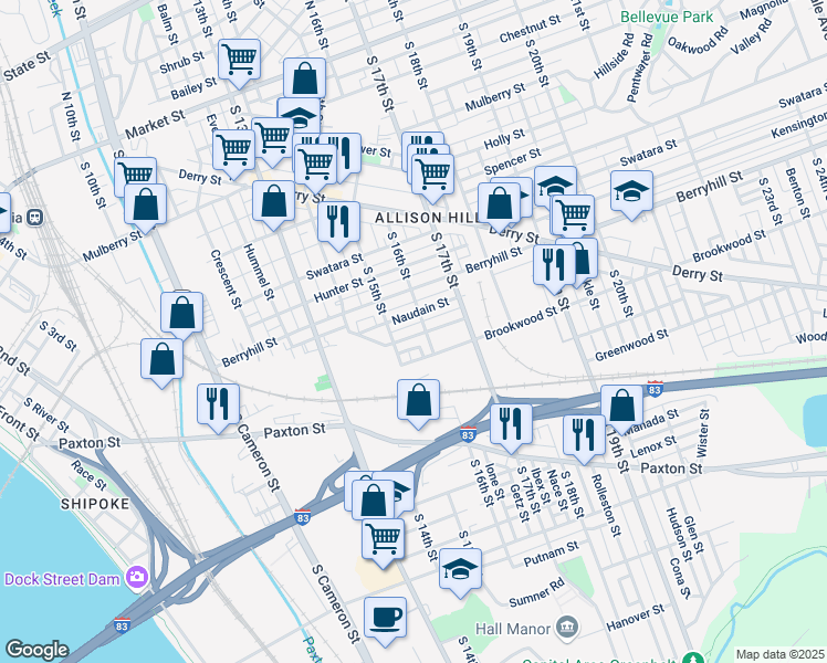 map of restaurants, bars, coffee shops, grocery stores, and more near 1528 Catherine Street in Harrisburg