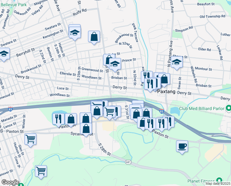 map of restaurants, bars, coffee shops, grocery stores, and more near 2925 Pike Street in Harrisburg
