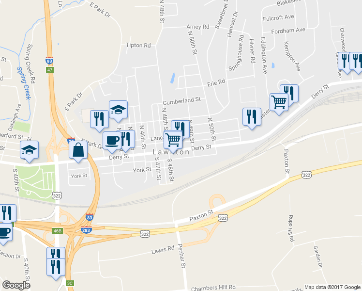 map of restaurants, bars, coffee shops, grocery stores, and more near 4810 Derry Street in Harrisburg