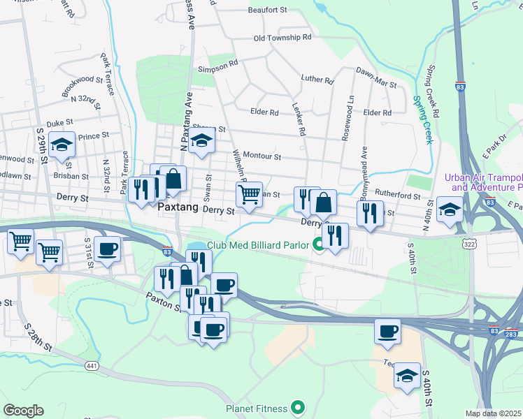 map of restaurants, bars, coffee shops, grocery stores, and more near 3710 Derry Street in Harrisburg