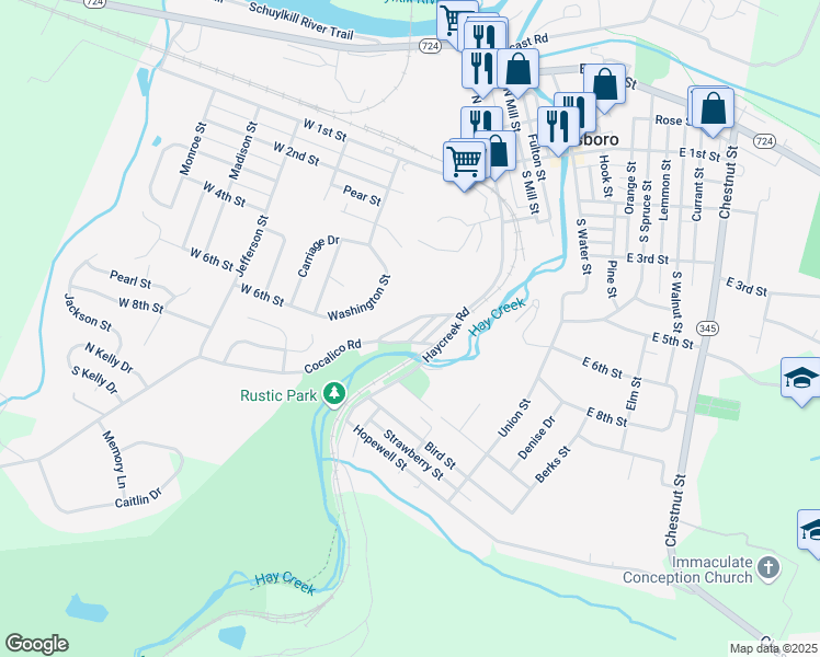 map of restaurants, bars, coffee shops, grocery stores, and more near 754 Douglas Street in Birdsboro