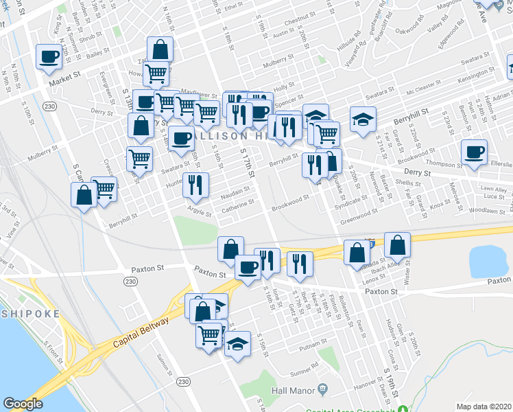 map of restaurants, bars, coffee shops, grocery stores, and more near 548 South 17th Street in Harrisburg