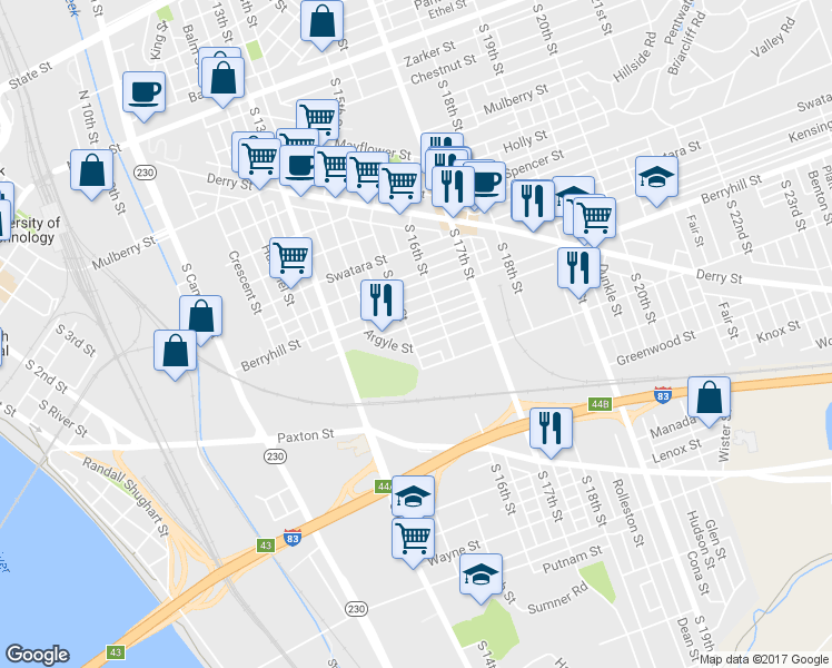 map of restaurants, bars, coffee shops, grocery stores, and more near 533 South 15th Street in Harrisburg