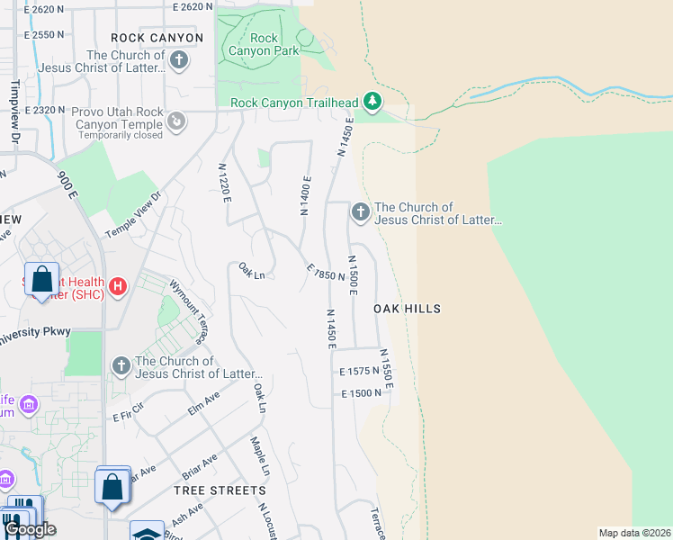 map of restaurants, bars, coffee shops, grocery stores, and more near 1866 North 1450 East in Provo