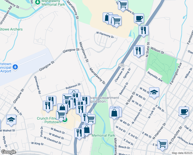 map of restaurants, bars, coffee shops, grocery stores, and more near 501 Manatawny Street in Pottstown