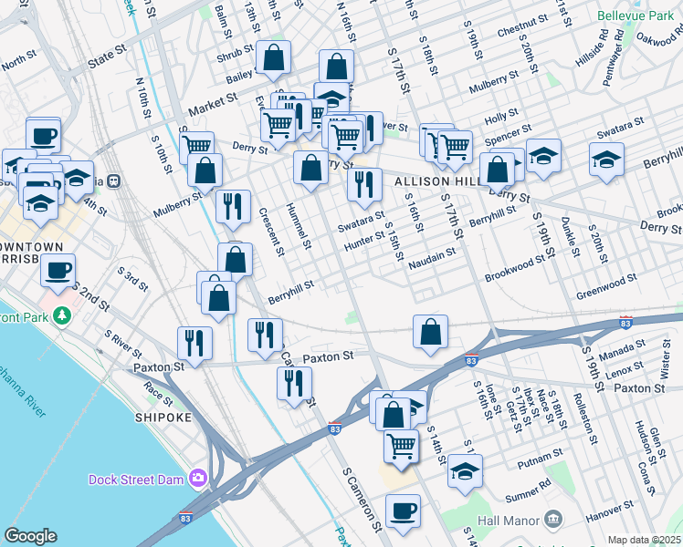 map of restaurants, bars, coffee shops, grocery stores, and more near 502 South 13th Street in Harrisburg