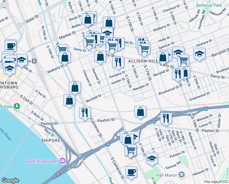map of restaurants, bars, coffee shops, grocery stores, and more near 515 South 13th Street in Harrisburg