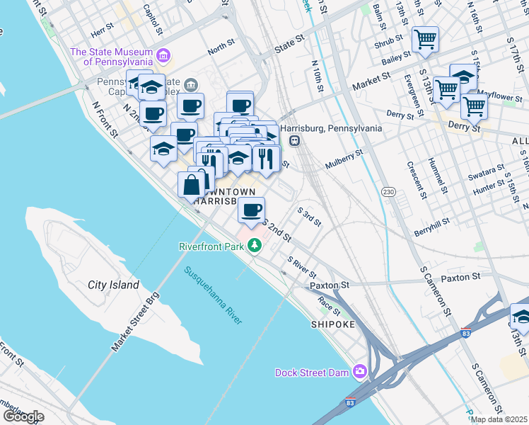 map of restaurants, bars, coffee shops, grocery stores, and more near 101 South 2nd Street in Harrisburg