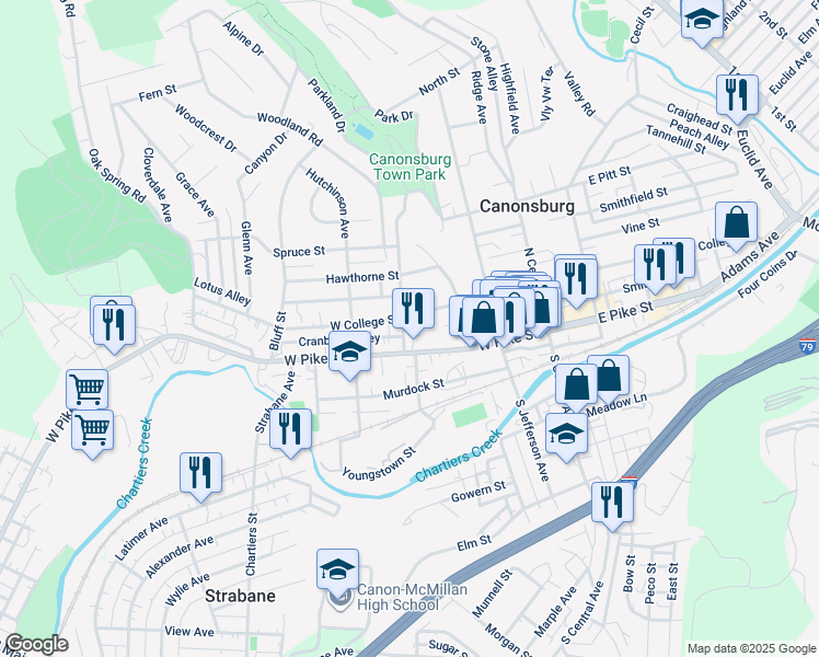 map of restaurants, bars, coffee shops, grocery stores, and more near 164 West Pike Street in Canonsburg
